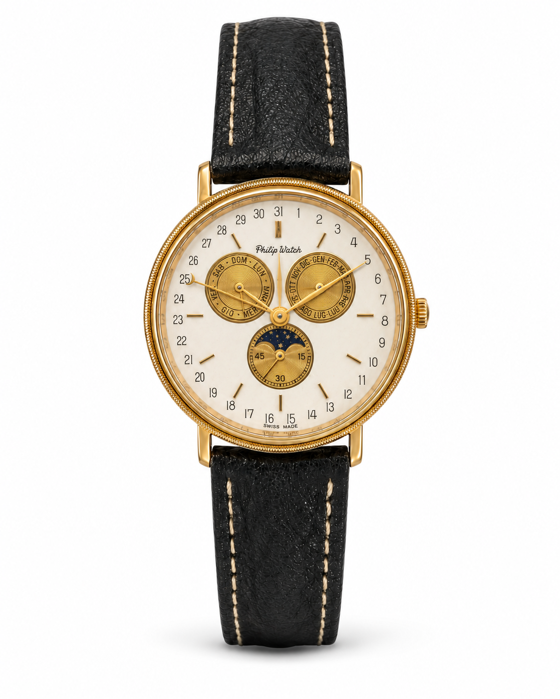 Orologio Philip Watch Vintage, cronografo, calendario completo e fasi lunari, quadrante bianco e movimento quarzo, 35mm - 2062