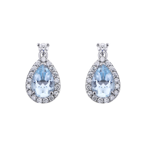 Boucles d'oreilles en or blanc 18 carats avec aigue-marine en forme de larme et bague diamant, aigue-marine 1,13 ct - OCL032DIAQ