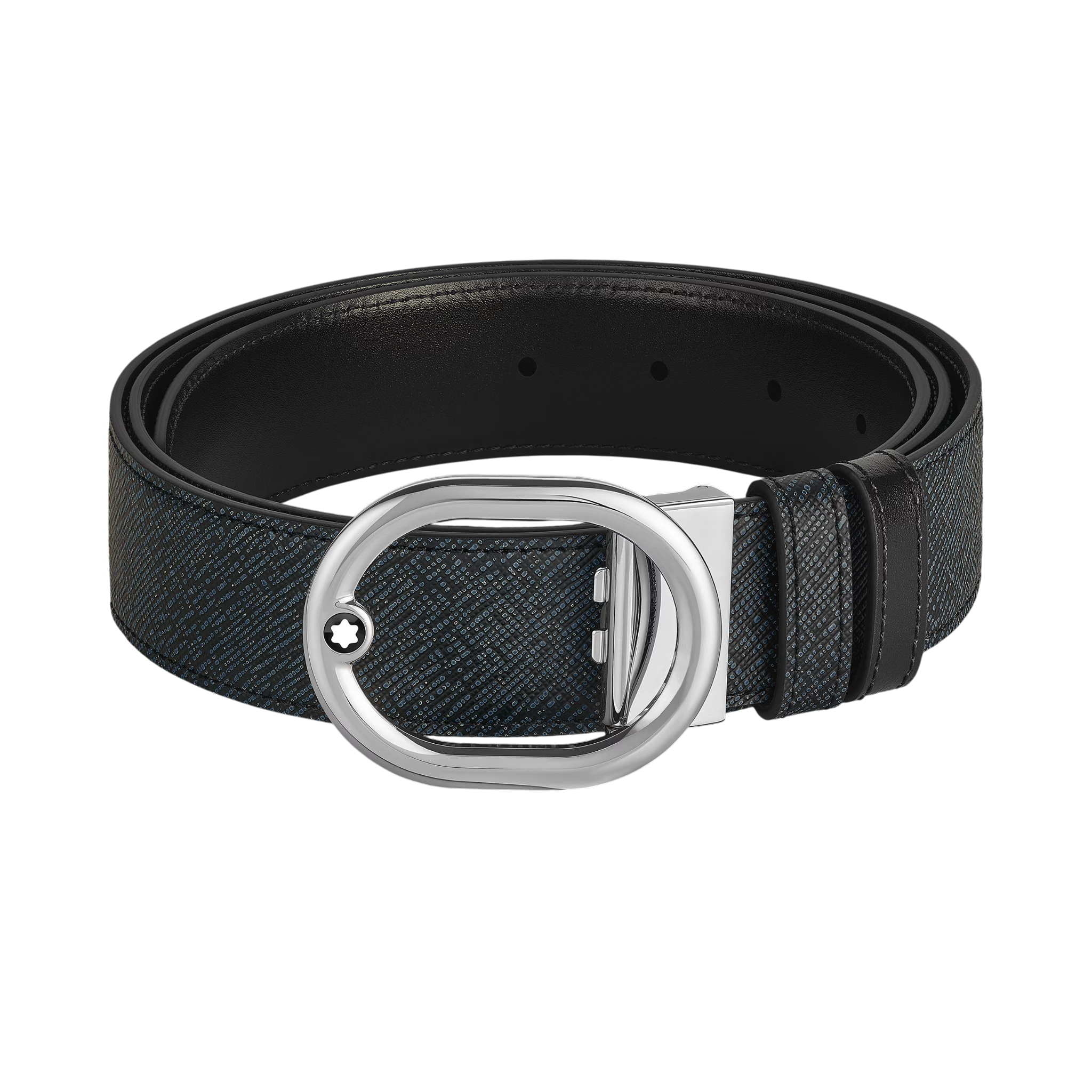 CINTURA MONTBLANC reversibile L’Ovale 35 mm in pelle blu tweed/nera con fibbia - 221025