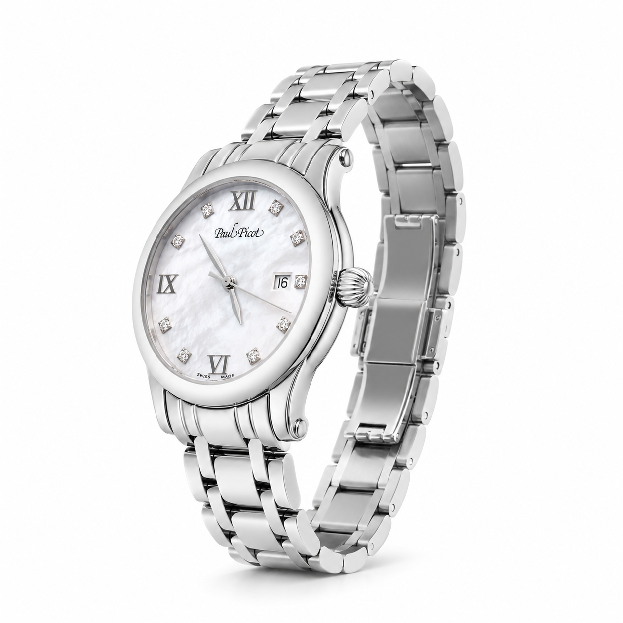 Orologio Paul Picot Saint-Tropez Lady —quarzo con Quadrante madreperla e 9 diamanti VVS Top Wesselton, 29mm — NOS - 2693SL-N1D1