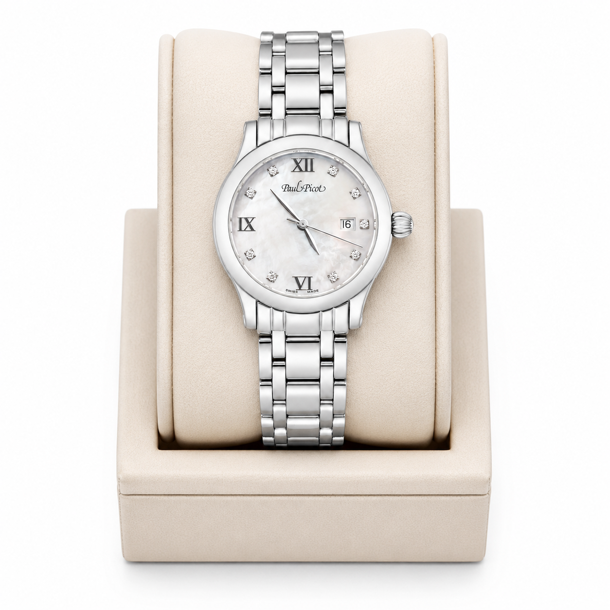Orologio Paul Picot Saint-Tropez Lady —quarzo con Quadrante madreperla e 9 diamanti VVS Top Wesselton, 29mm — NOS - 2693SL-N1D1