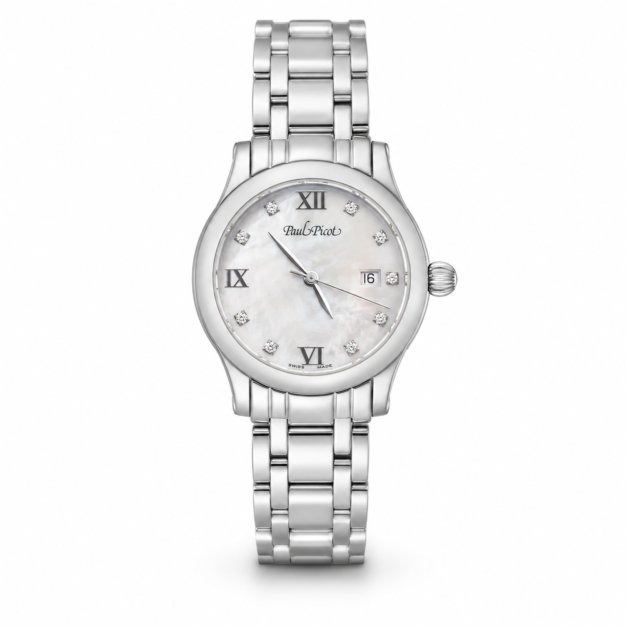 Orologio Paul Picot Saint-Tropez Lady —quarzo con Quadrante madreperla e 9 diamanti VVS Top Wesselton, 29mm — NOS - 2693SL-N1D1