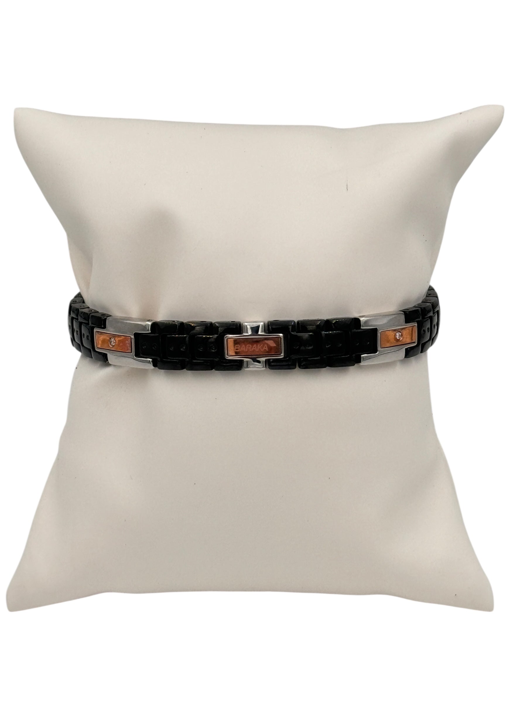 Bracciale Baraka' Collezione "Kabala" in ceramica nera, acciaio, dettagli oro rosa 18kt e  diamante centrale - BR214203