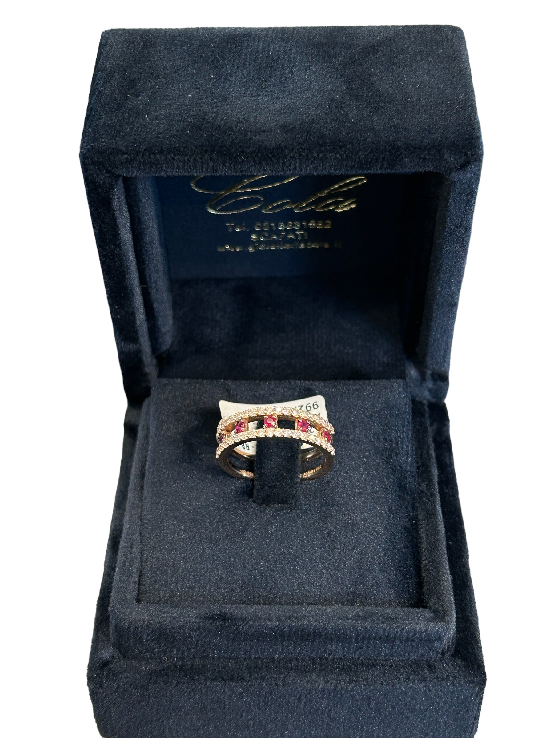 18kt rose gold ring with 2 rows of white diamonds and 5 central rubies - 659A06MP