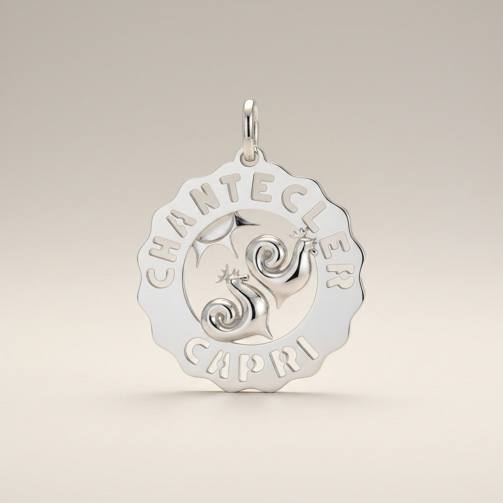 Chantecler – Großer silberner Logo-Anhänger mit Hahn und Sonne – Code 33697