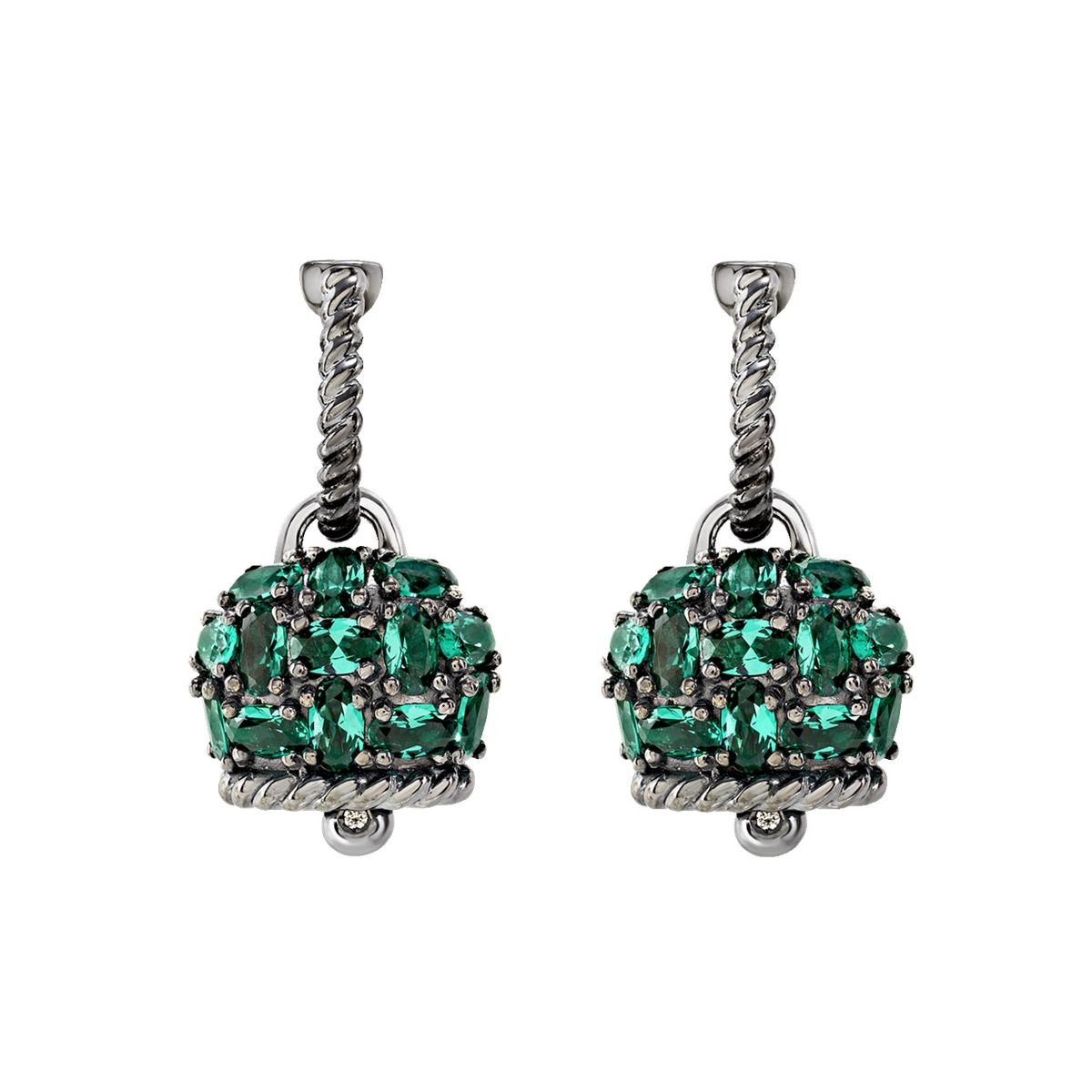 Orecchini Chantecler Campanella  medi con siamiti verde smeraldo su argento brunito e due diamanti - 44323