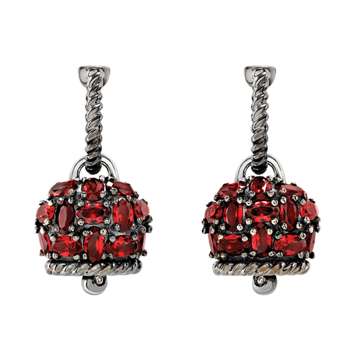 Orecchini Chantecler Campanella  medi con siamiti rosso rubino su argento brunito e due diamanti - 44324