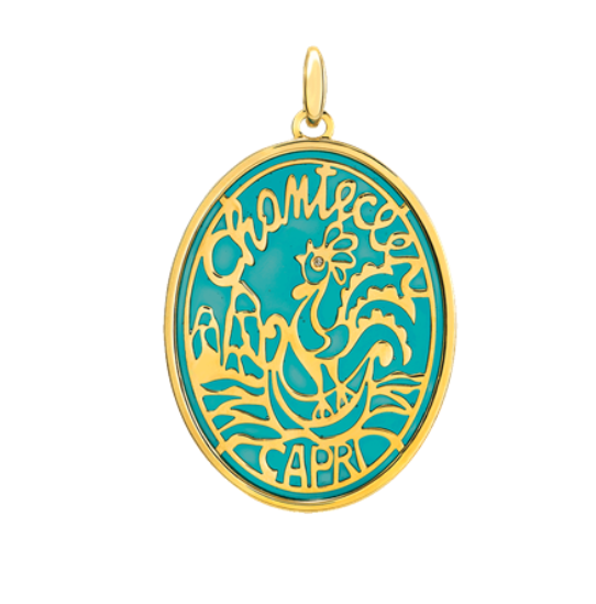Ciondolo Chantecler Logo in oro giallo 9kt e diamanti su smalto cattedrale color ottanio - 44678