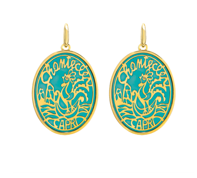 Orecchini Chantecler Logo in oro giallo 9kt e diamanti su smalto cattedrale color ottanio - 44680