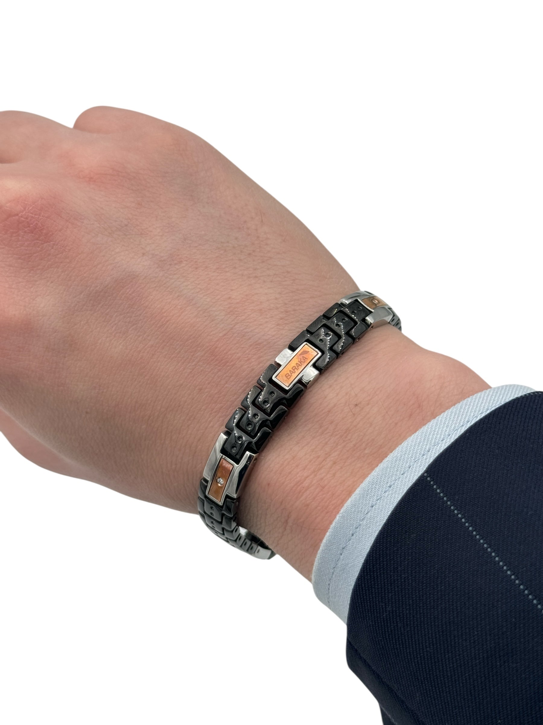Bracciale Baraka' Collezione "Kabala" in ceramica nera, acciaio, dettagli oro rosa 18kt e  diamante centrale - BR214203