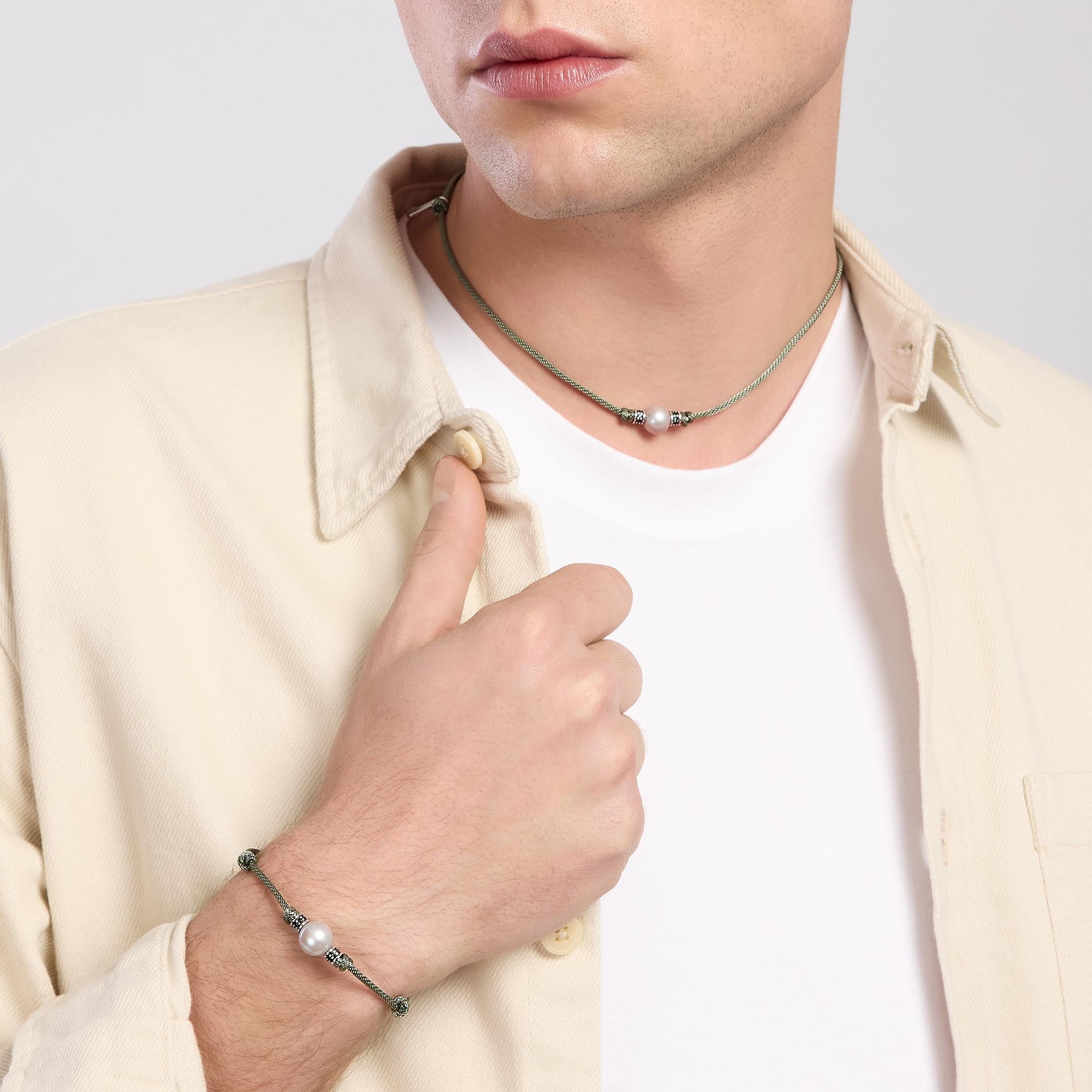 Mabina Homme - Bracelet avec cordon vert et perle grise TROPICAL - 533721