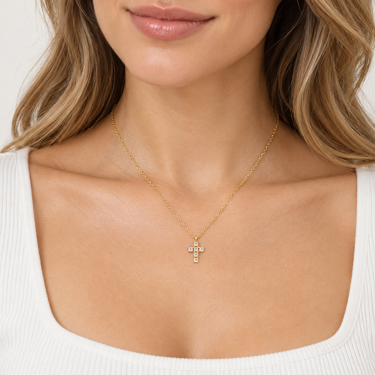 Mabina Donna - Collana in argento dorato con ciondolo croce con diamanti lab grown - 553939