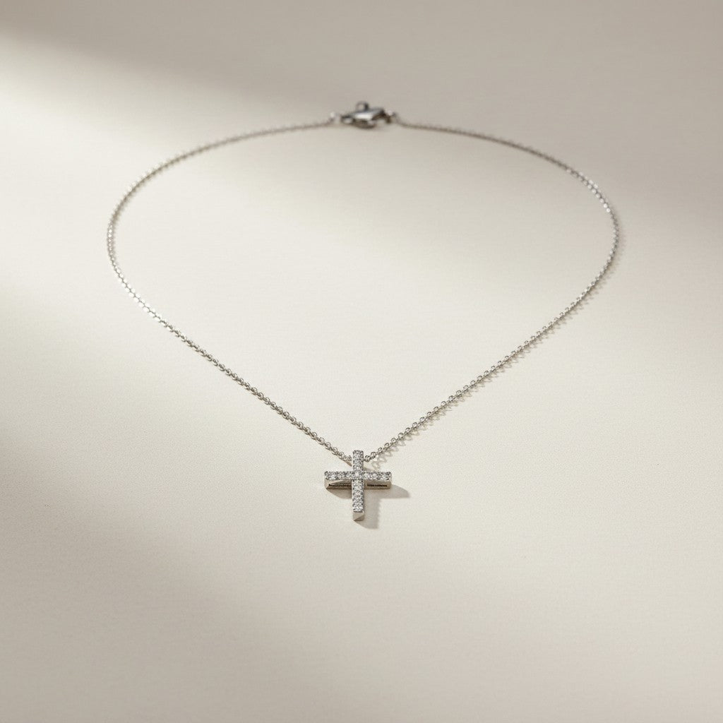 GIROCOLLO GIORGIO VISCONTI CON PENDENTE CROCE IN ORO BIANCO 18KT E DIAMANTI, 0,13ct - GBX36691