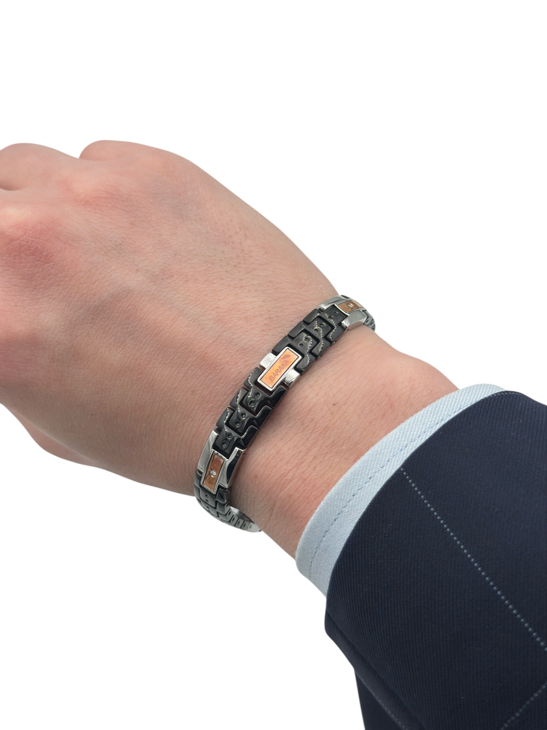 Bracciale Baraka' Collezione "Kabala" in ceramica nera, acciaio, dettagli oro rosa 18kt e  diamante centrale - BR214203