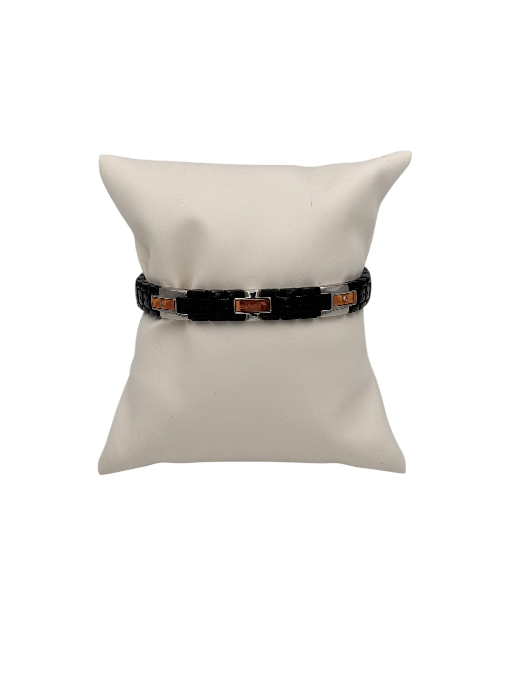 Bracciale Baraka' Collezione "Kabala" in ceramica nera, acciaio, dettagli oro rosa 18kt e  diamante centrale - BR214203