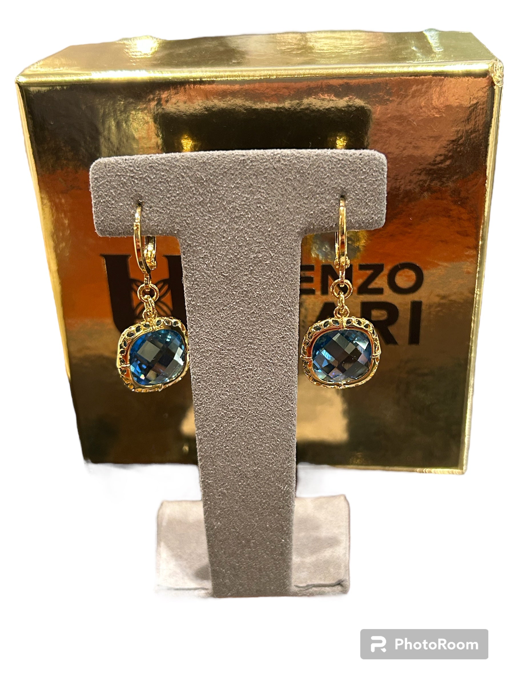 Boucles d'oreilles avec pierre bleue en bronze doré - DIAMANTE OR 233