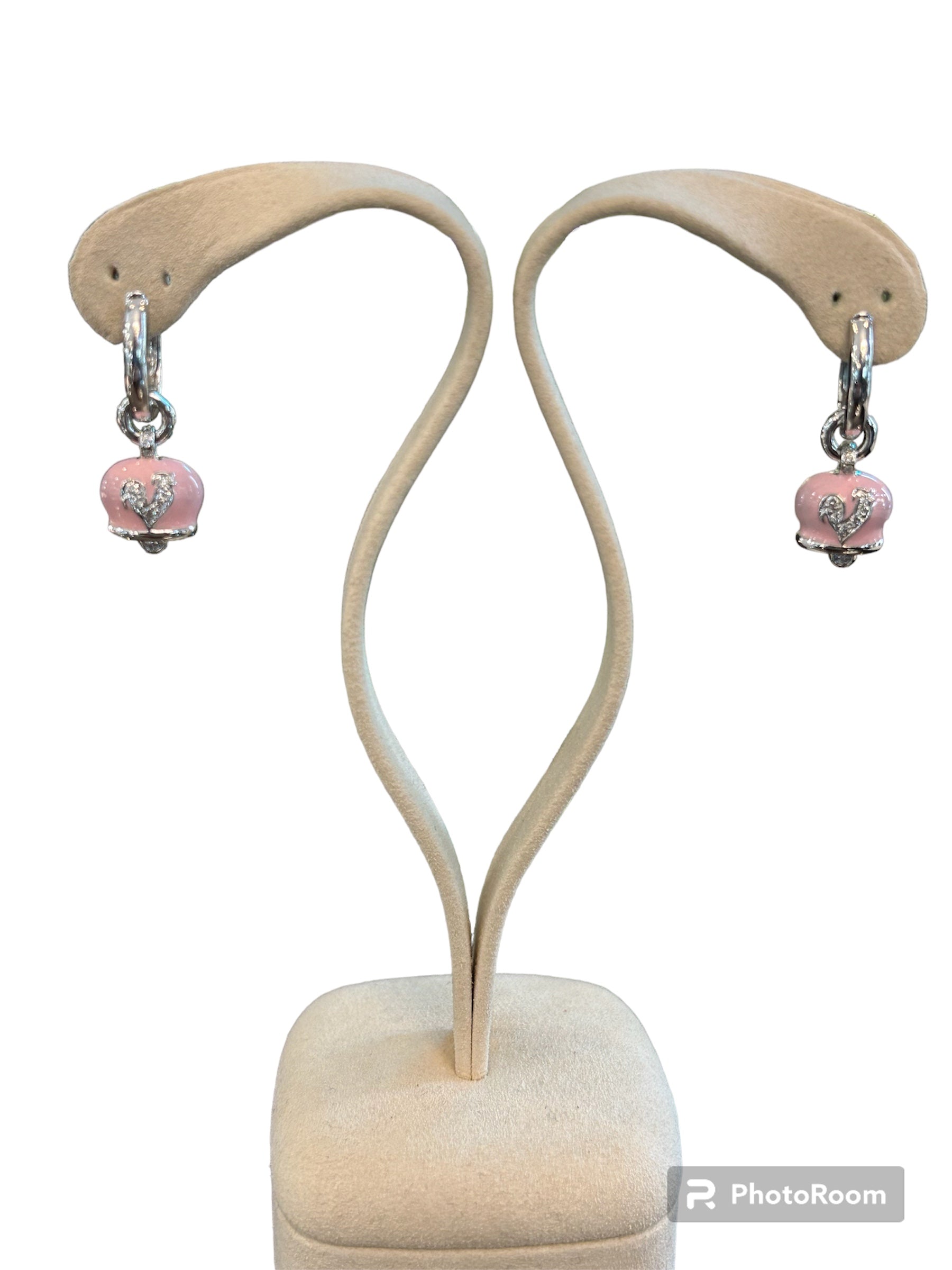 Campanella earrings in white gold, pink enamel and diamonds - 28711