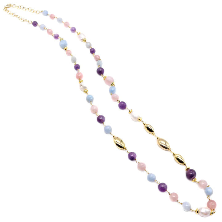 Koliè 925 - Collana con ametista, berillo rosa e azzurro, perle e ovale in argento dorato - CL ELAFOS 14