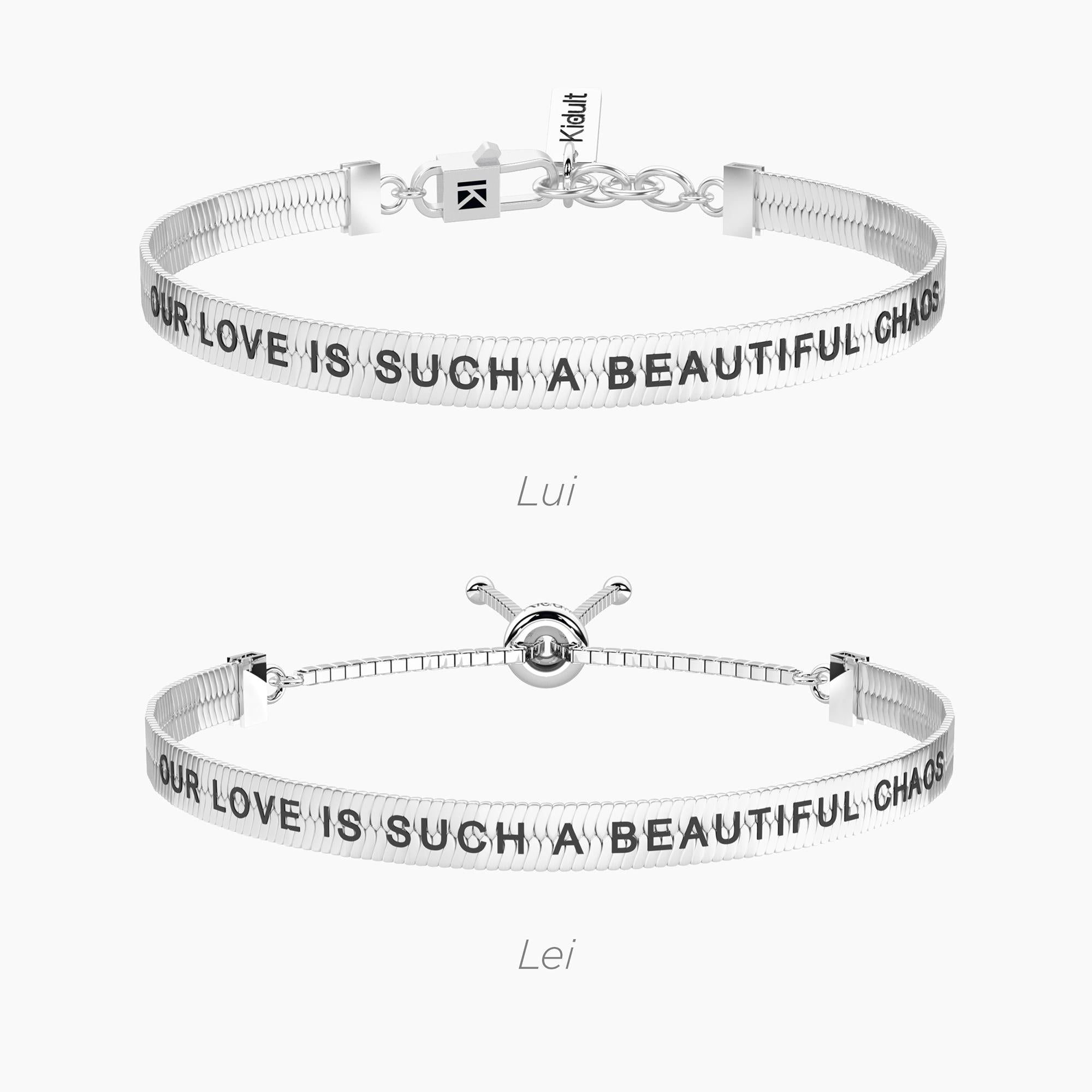 Coppia di bracciali elastici per lui e lei con frase Amore | caos - 732358