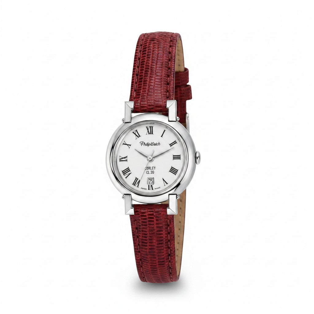 Orologio Philip Watch Corley CL 20 – Quadrante Bianco, Cinturino in Pelle Bordeaux, 27mm - 8251535515