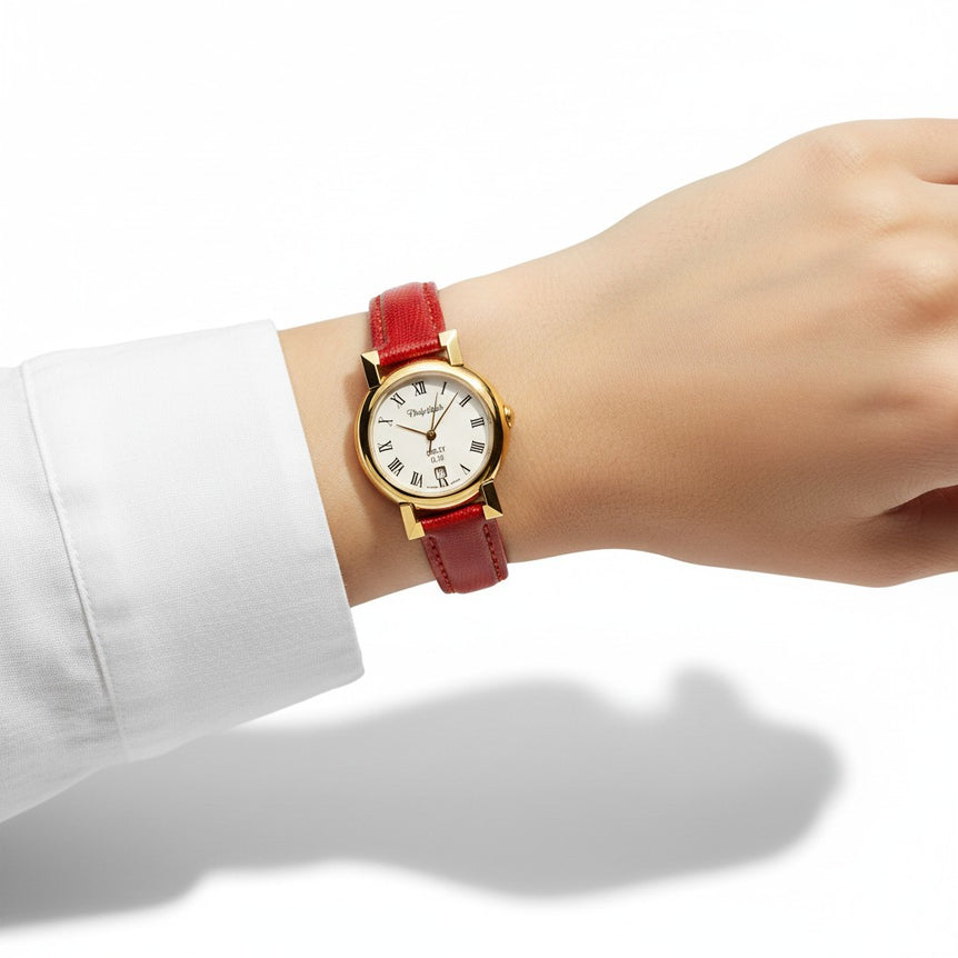 Orologio Philip Watch Corley CL 20 - Donna Vintage – Cassa Dorata 28 mm - Cinturino in Vera Lucertola Rossa, 28mm - 8251535566
