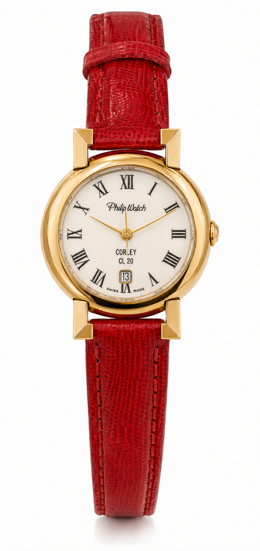 Orologio Philip Watch Corley CL 20 - Donna Vintage – Cassa Dorata 28 mm - Cinturino in Vera Lucertola Rossa, 28mm - 8251535566