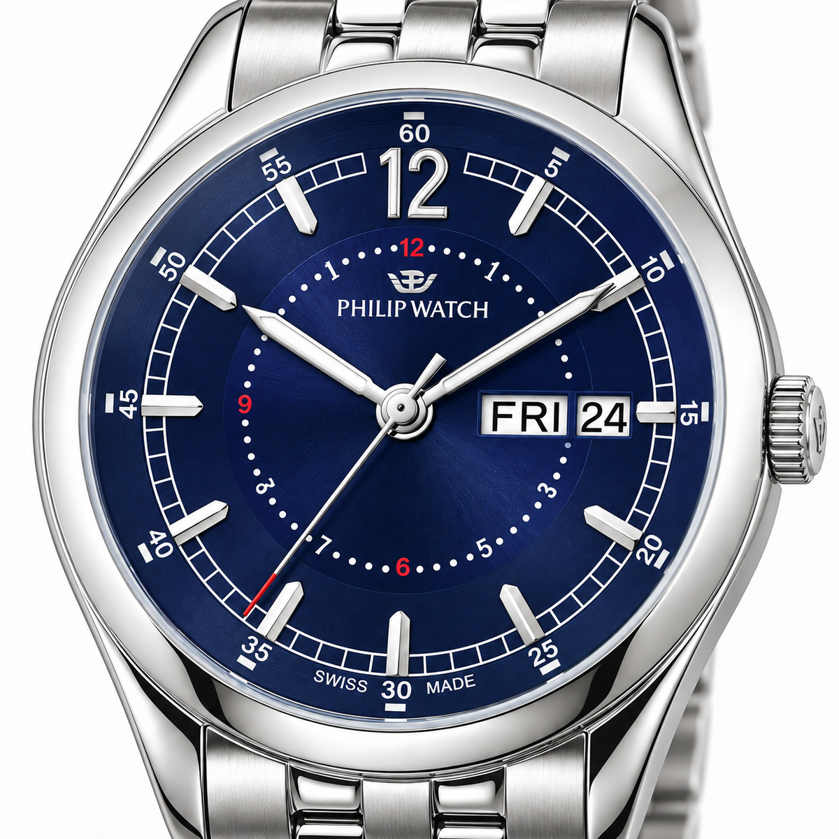 Orologio Philip Watch Day-Date — Acciaio 36 mm — Quarzo, quadrante blu con datario giorno e data — NOS  - 8253101125