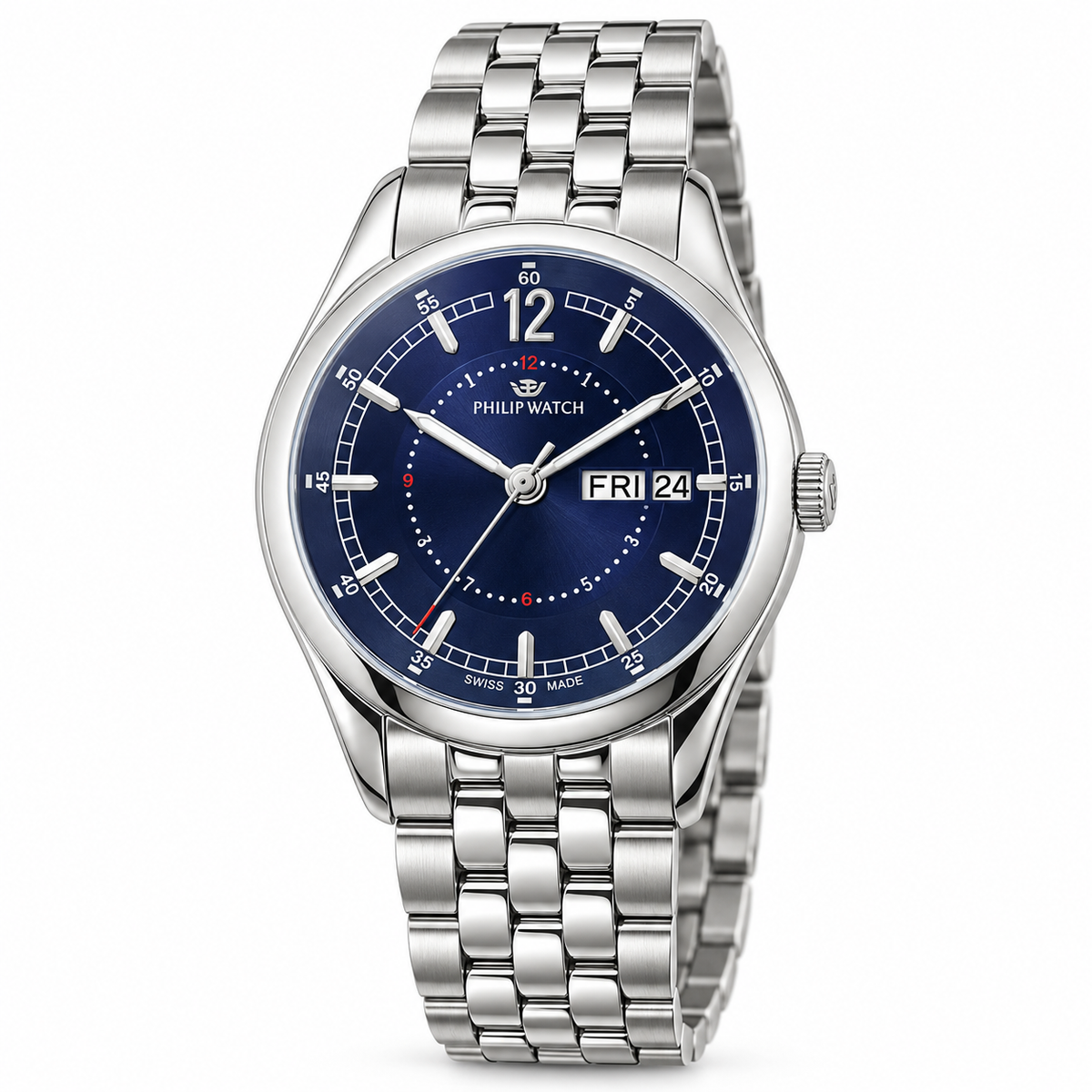Orologio Philip Watch Day-Date — Acciaio 36 mm — Quarzo, quadrante blu con datario giorno e data — NOS  - 8253101125