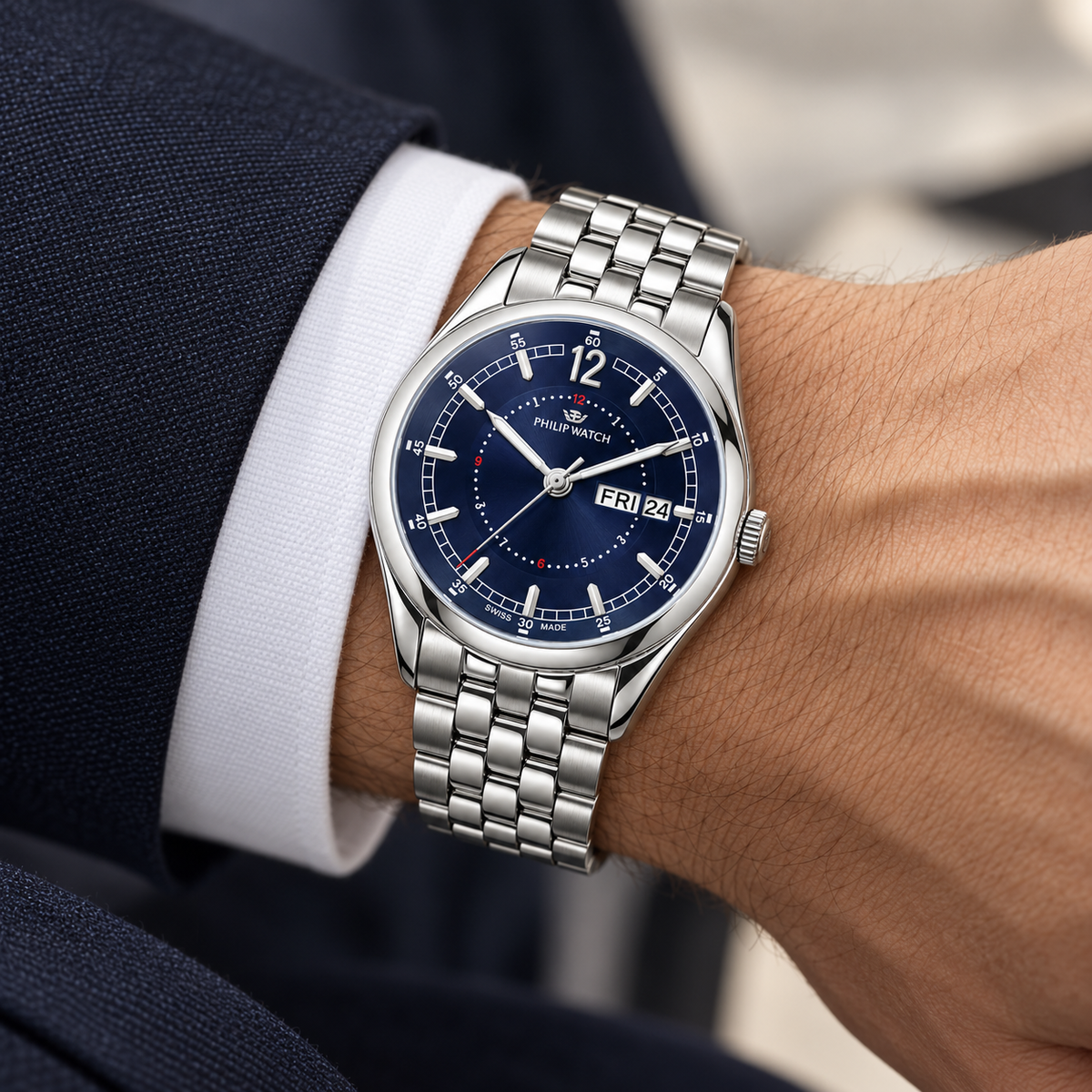 Orologio Philip Watch Day-Date — Acciaio 36 mm — Quarzo, quadrante blu con datario giorno e data — NOS  - 8253101125
