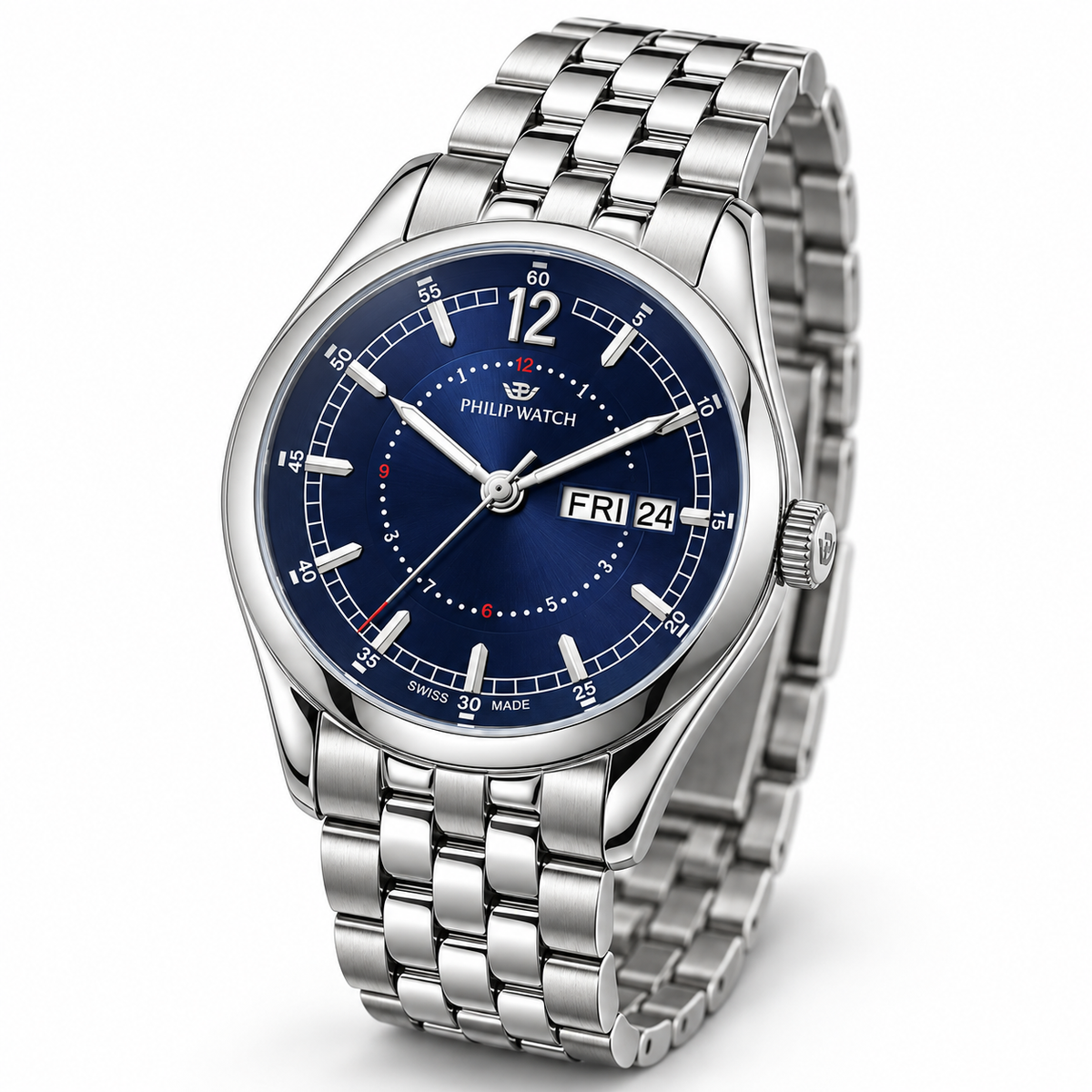 Orologio Philip Watch Day-Date — Acciaio 36 mm — Quarzo, quadrante blu con datario giorno e data — NOS  - 8253101125