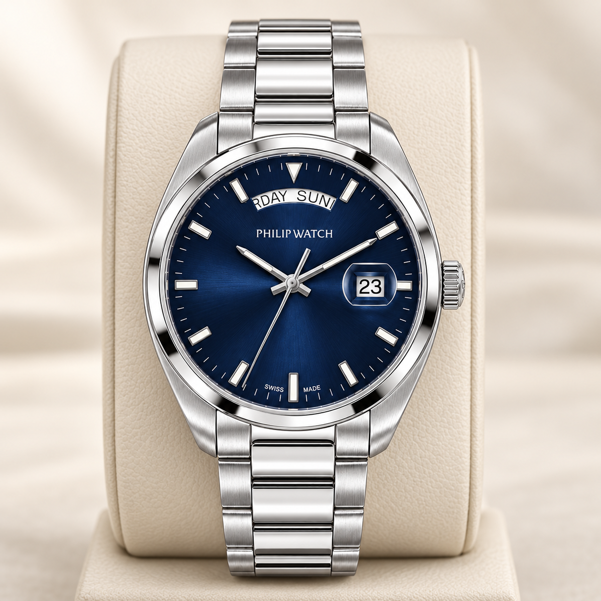 Orologio Philip Watch Day-Date — Acciaio 38 mm — Quarzo, giorno esteso a ore 12 e data a ore 3, quadrante blu — NOS - 8253301035