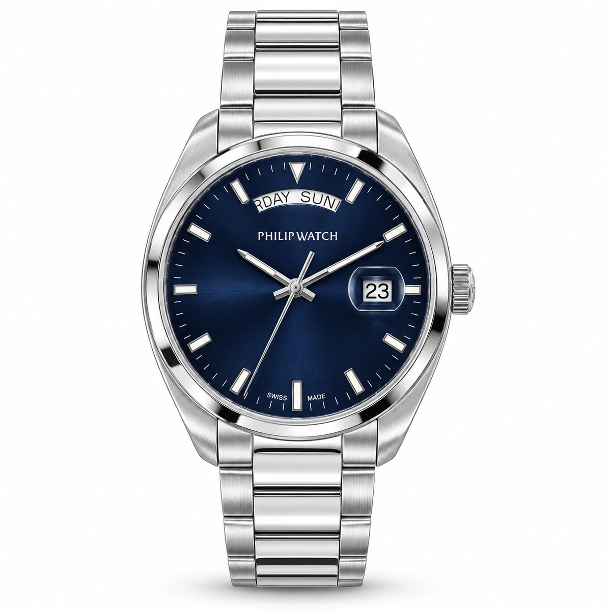 Orologio Philip Watch Day-Date — Acciaio 38 mm — Quarzo, giorno esteso a ore 12 e data a ore 3, quadrante blu — NOS - 8253301035