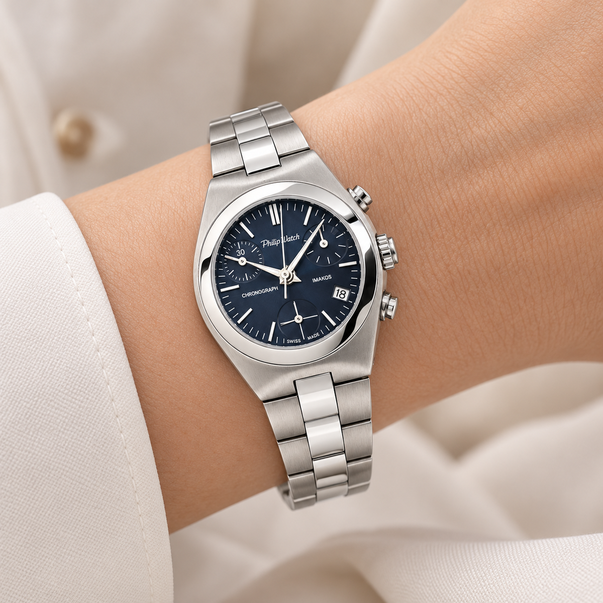 Orologio Philip Watch Imakos Chronograph Lady — Acciaio 30 mm — Cronografo al quarzo, quadrante blu — NOS - 8273960545