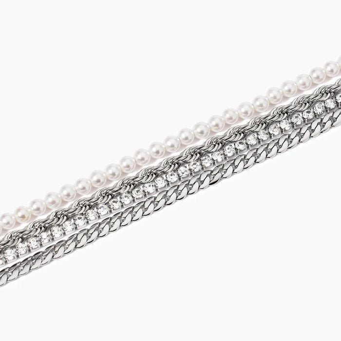 Kidult Bracciale in acciaio catene con perle e tennis di cristalli bianchi - 831029