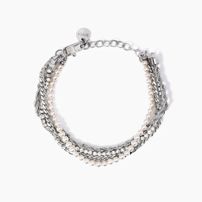Kidult Bracciale in acciaio catene con perle e tennis di cristalli bianchi - 831029