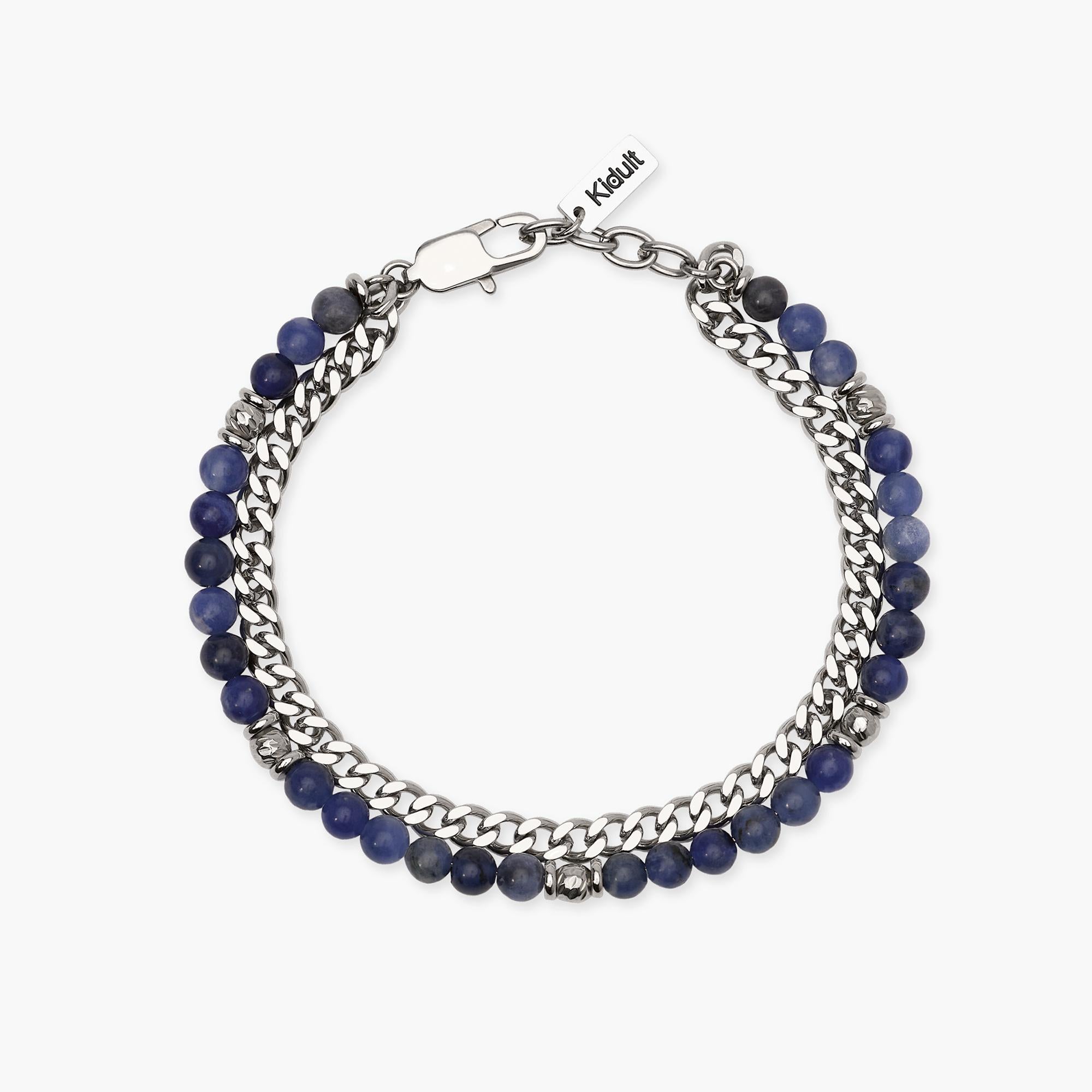 Kidult Bracciale uomo con con catena groumette e sfere diamantate e sodalite blu, Style 37 - 831156