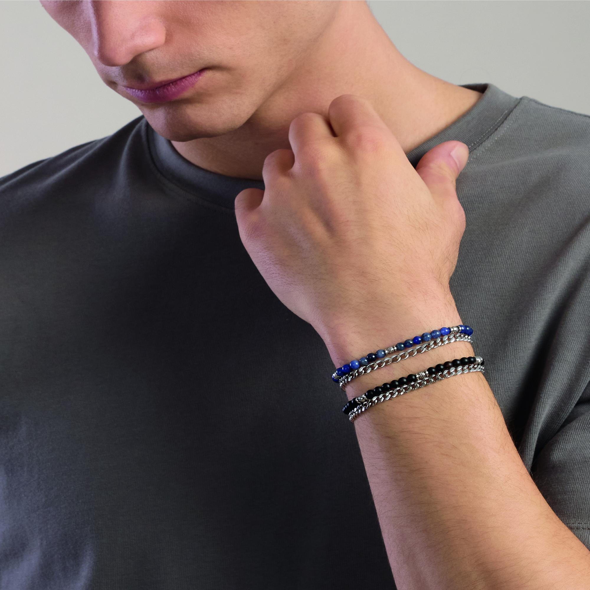 Kidult Bracciale uomo con catena groumette e catena con sfere diamantate e agata nera, Style 37 - 831157