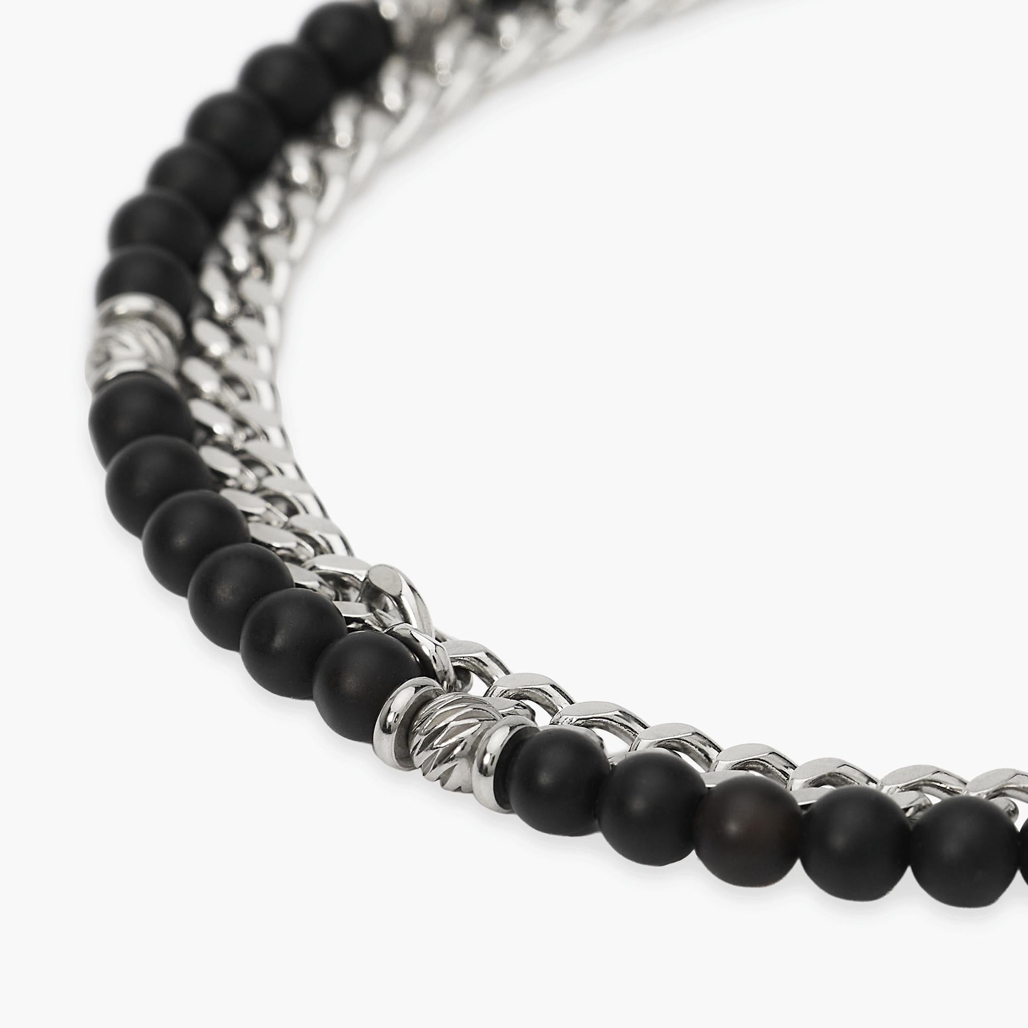 Kidult Bracciale uomo con catena groumette e catena con sfere diamantate e agata nera, Style 37 - 831157