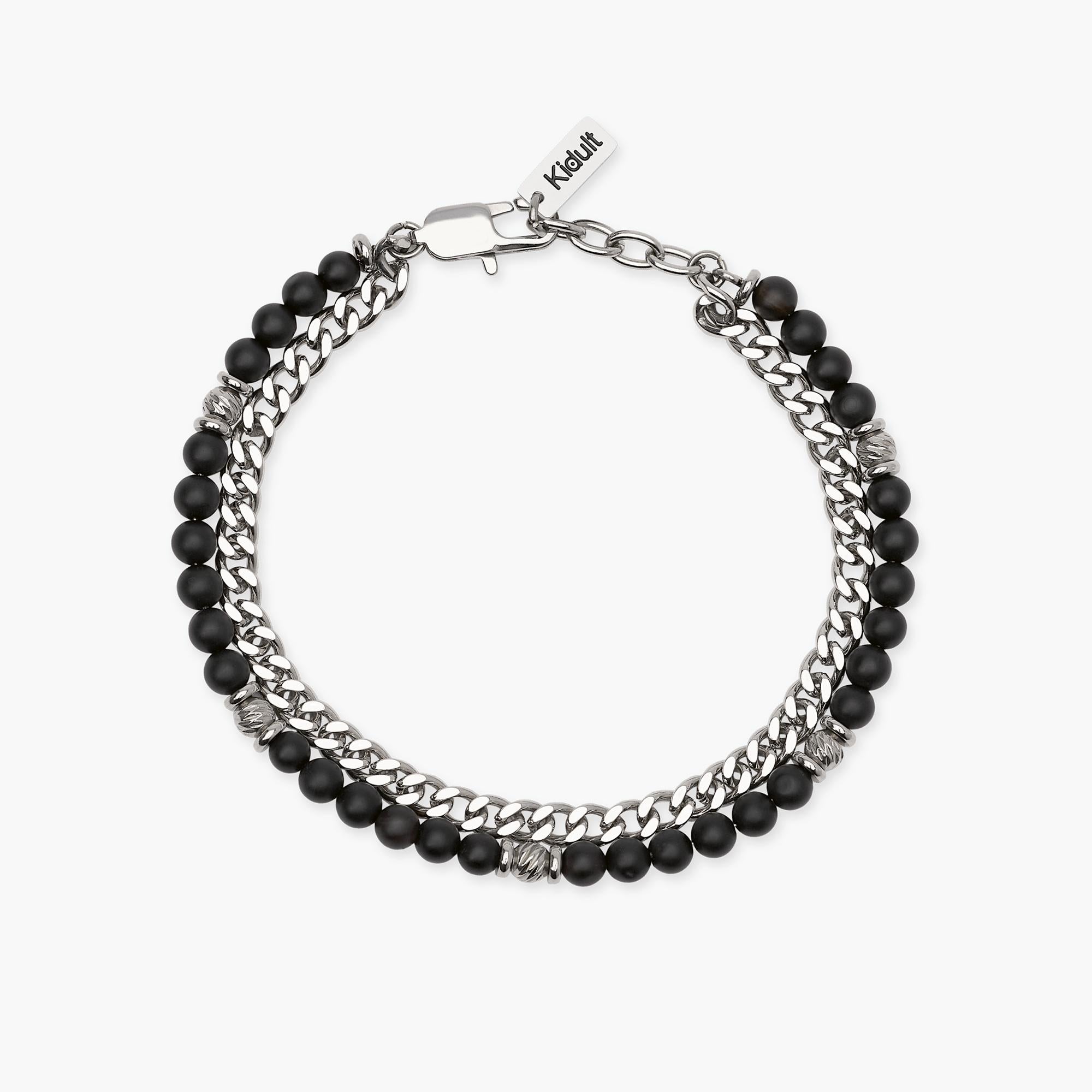 Kidult Bracciale uomo con catena groumette e catena con sfere diamantate e agata nera, Style 37 - 831157