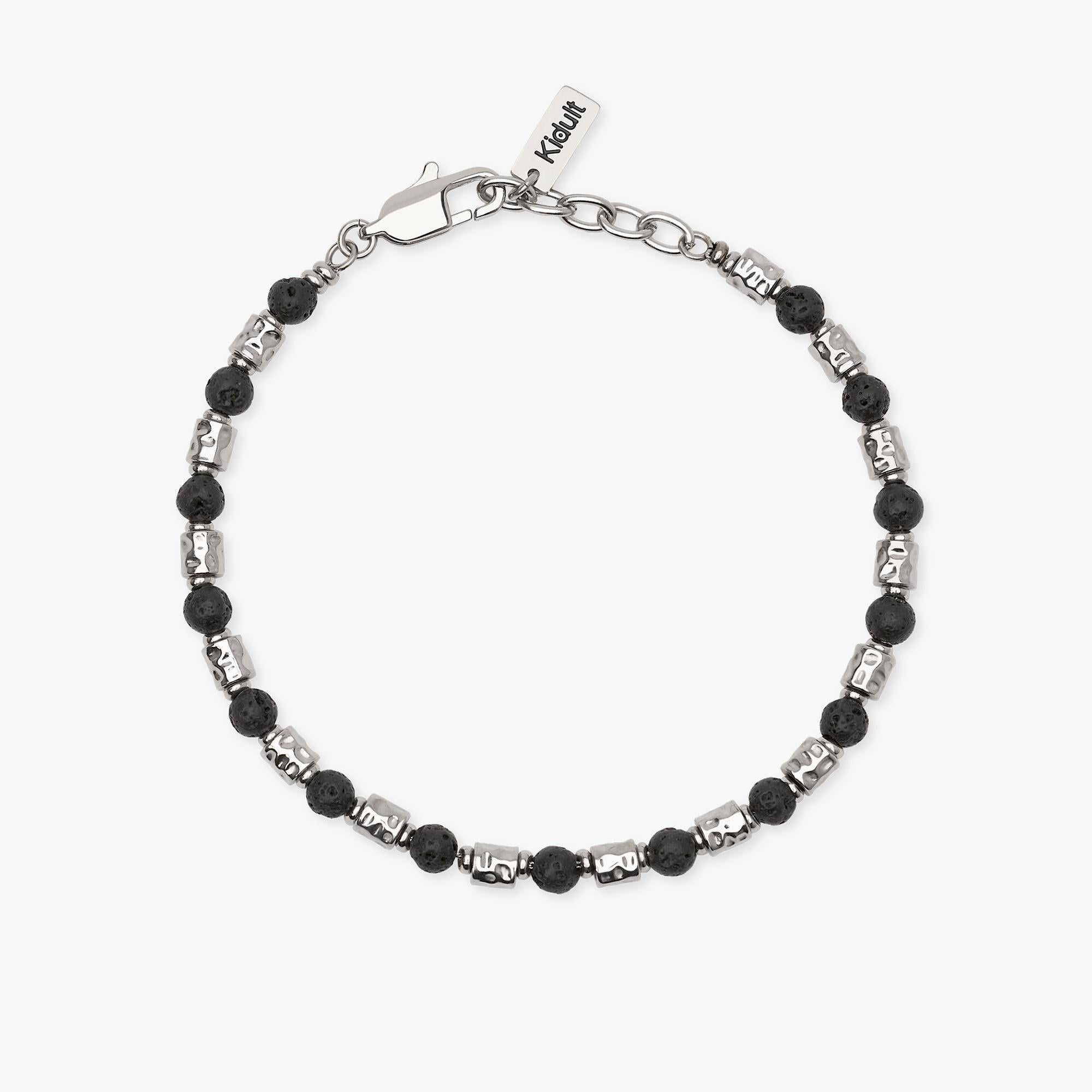 Kidult Bracciale uomo acciaio con cubetti martellati e pietra lavica, Style 38 - 831164