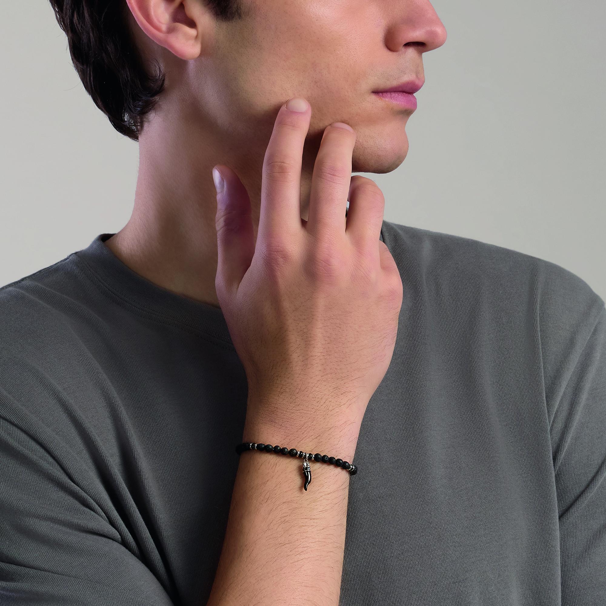 Kidult Bracciale uomo in acciaio con pietra lavica e cornetto, Style 02 - 831165