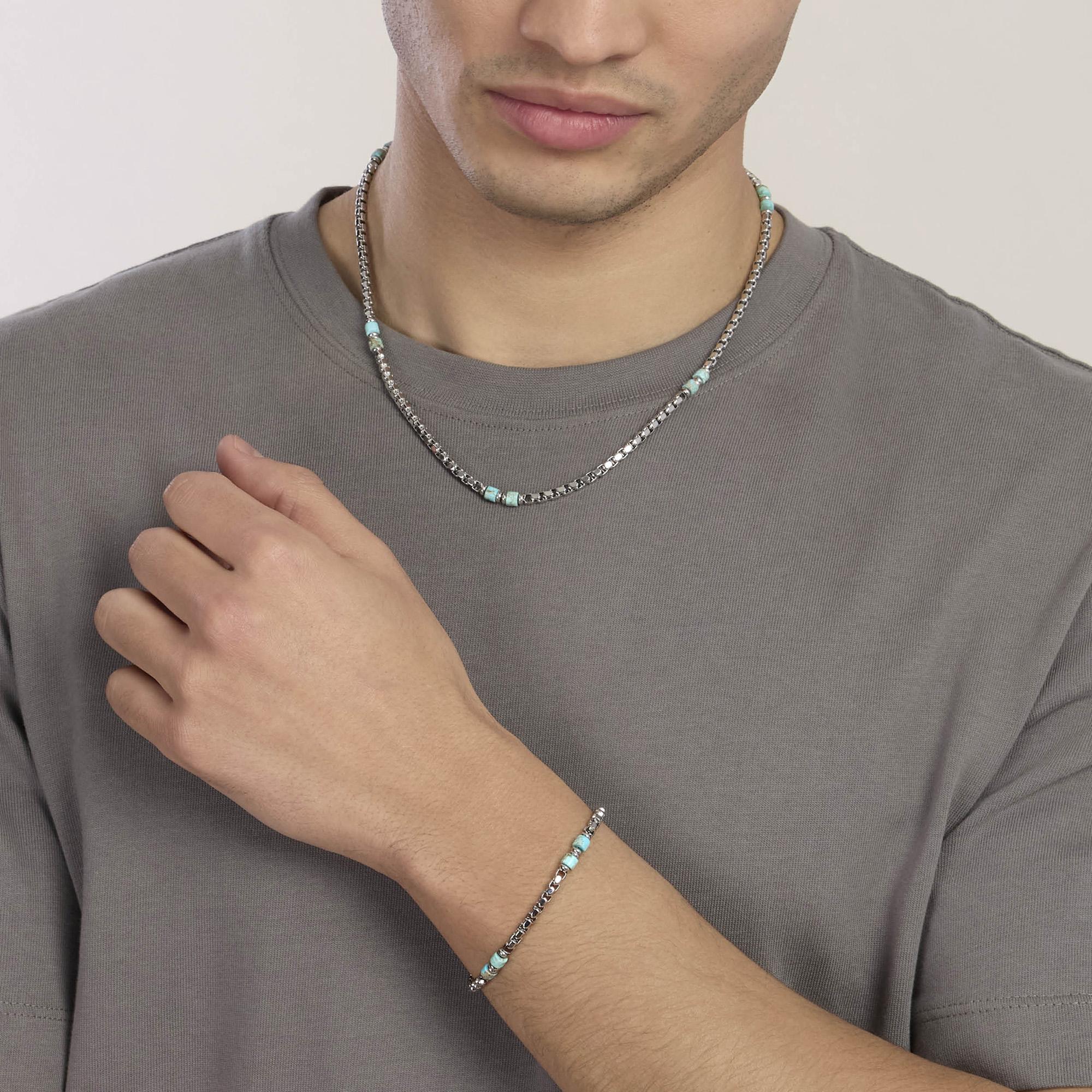 Kidult Bracciale in acciaio da uomo con catena veneta e cilindri in diaspro azzurro Style 03 - 831175