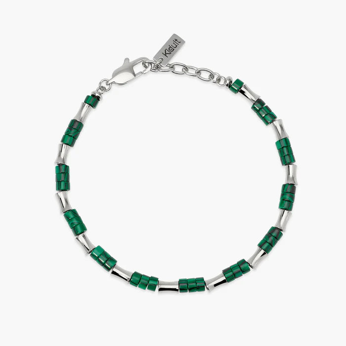 Kidult Bracciale in acciaio da uomo con elementi bambù in acciaio e malachite sintetica - 831181