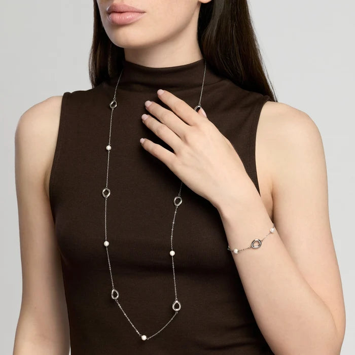 Kidult Bracciale in acciaio con catena rolò e perle conchiglia con elementi goccia - 831317