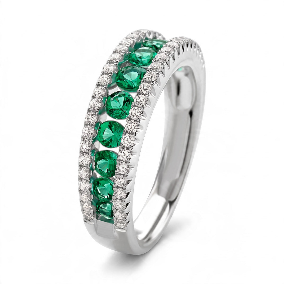 Veretta a binario Giorgio Visconti in oro bianco 18kt, doppia fila di diamanti 0.38ct e fila di smeraldi centrale 0.81ct - ABX14189S