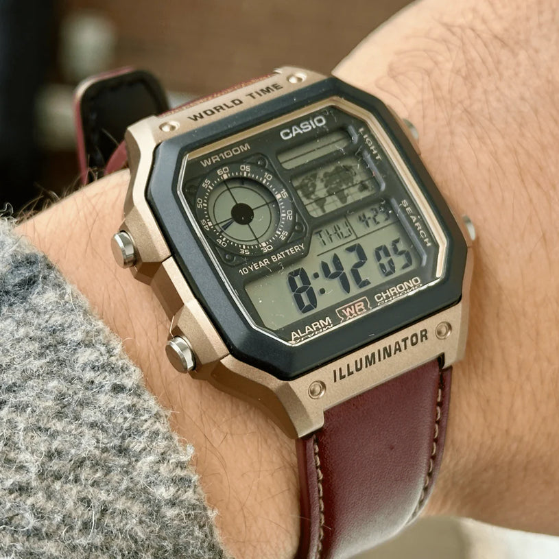 Orologio Casio Collection, World Time - Utility Color, digitale al quarzo e cinturino in pelle - AE-1200WHL-5AVEF