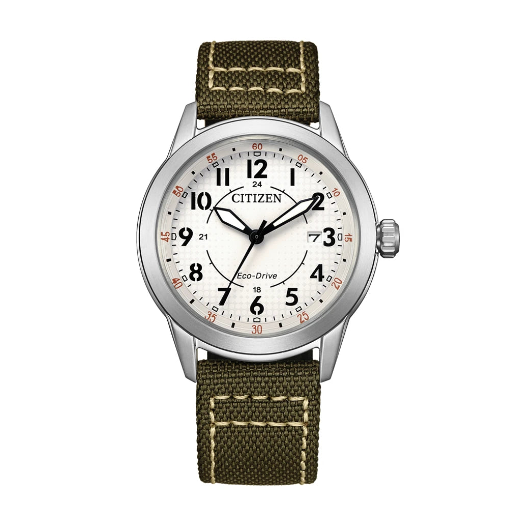 Orologio Citizen Aviator 3, collezione Ore Felici, quadrante bianco e cinturino in tessuto verde, Eco-Drive, 40mm - AW1870-08A