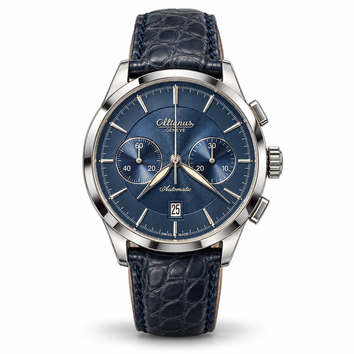 Orologio Altanus Elite — Cronografo automatico, quadrante blu e cinturino in alligatore — NOS, 42mm - 7875