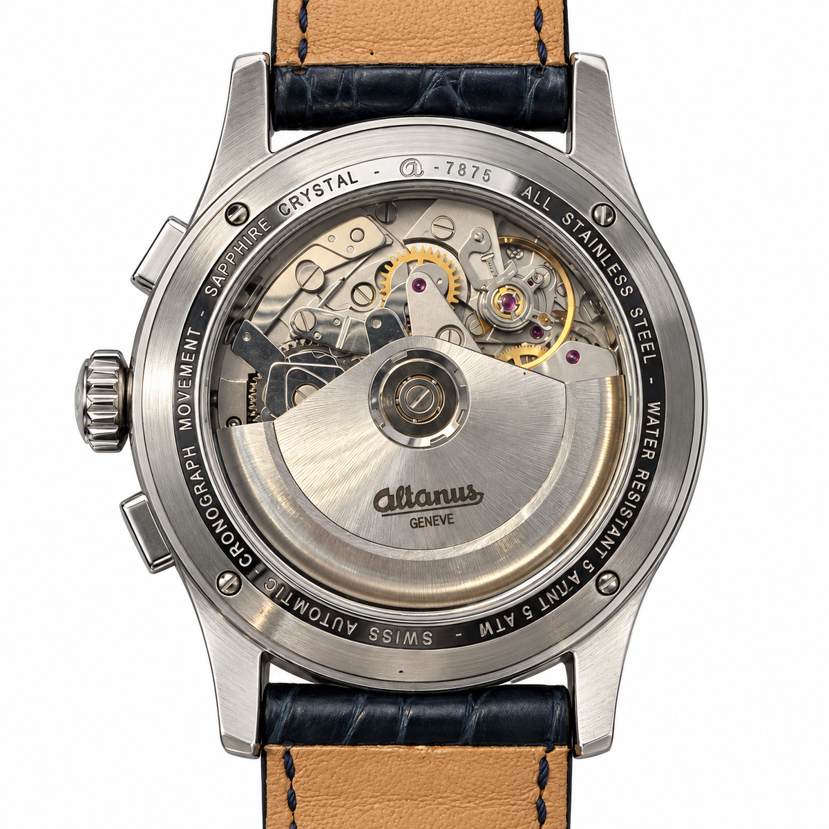 Orologio Altanus Elite — Cronografo automatico, quadrante blu e cinturino in alligatore — NOS, 42mm - 7875
