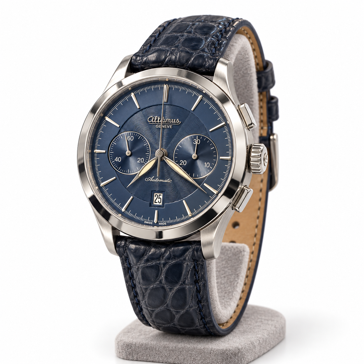 Orologio Altanus Elite — Cronografo automatico, quadrante blu e cinturino in alligatore — NOS, 42mm - 7875